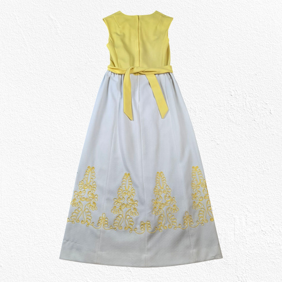 60s Vintage Yellow White Crimplene Embroidery USA Edith Flagg Maxi Dress Size 8 - Picture 13 of 13